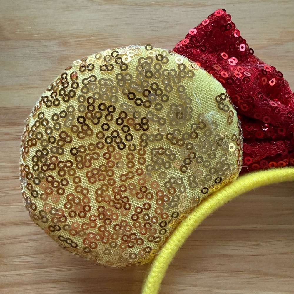 Child Size Costume Sequined MINNIE MOUSE EARS - GOLD & RED w/ CROWN Headband - Picture 5 of 6